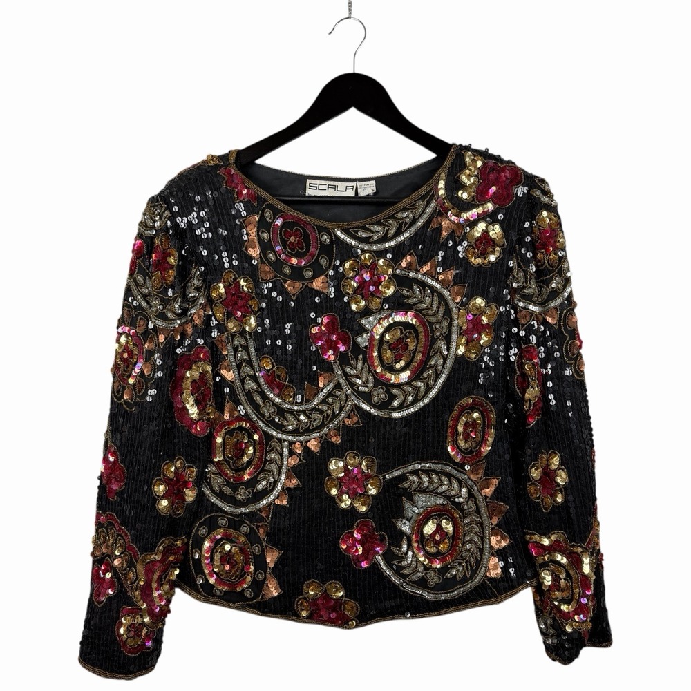 Vintage‎ Scala Blouse Top 100% Silk & Allover Sequins Embellished Sz Medium (P)